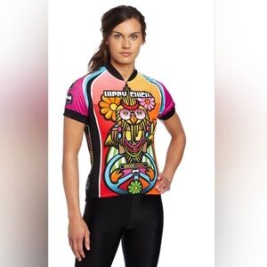 World Jerseys Biker Hippy Chick Zip Up Short Sleeve Active Top Groovy Size M